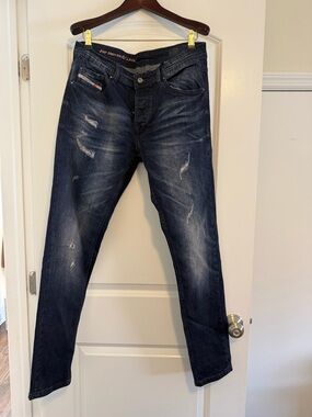 Diesel Men's Dark Blue Distressed Straight Jeans